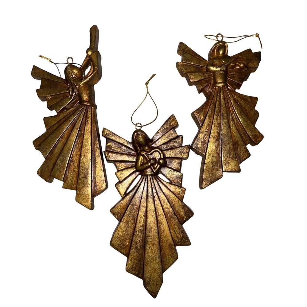Vintage Style Gold Musical Angels Christmas Ornaments Set of 3 Art Deco 7 Inch